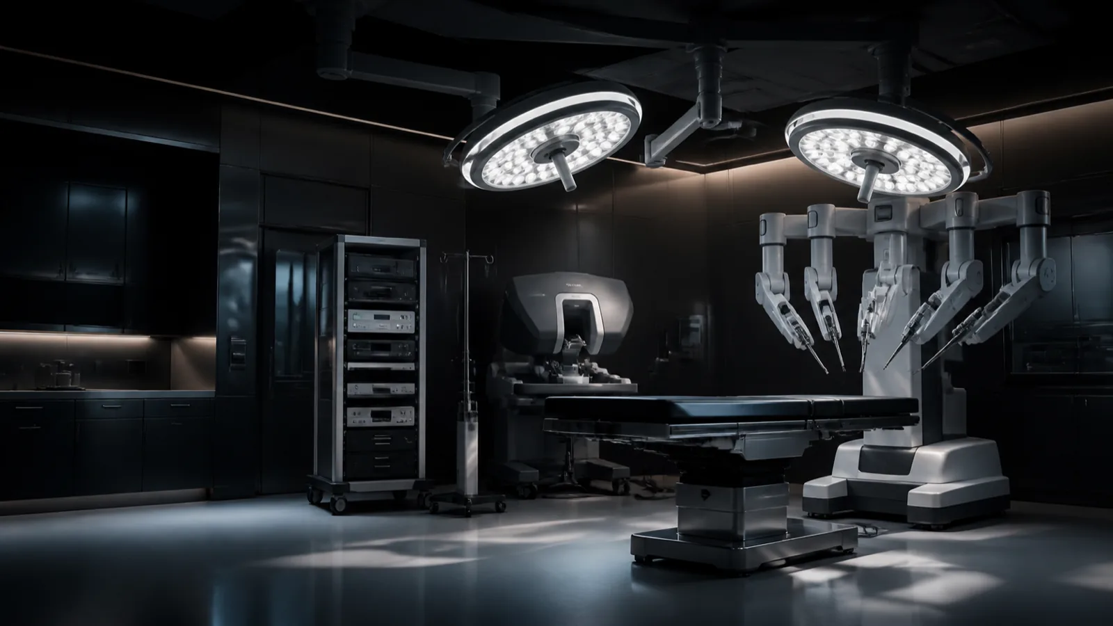 Sala de cirurgia robótica preparada com luzes cirúrgicas acesas.