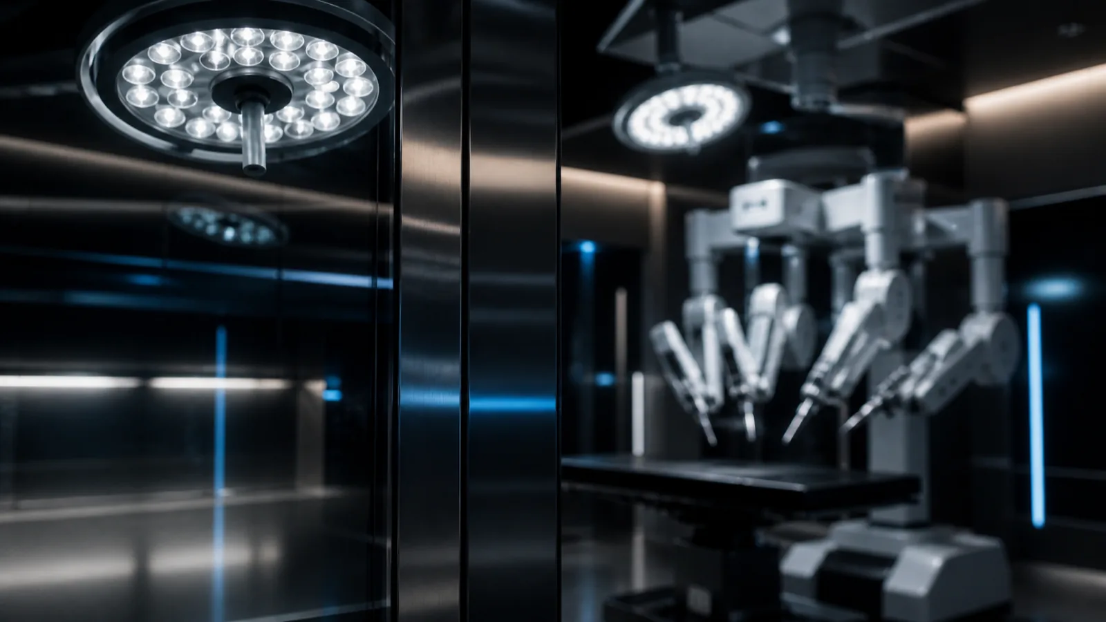 Reflexos de luzes cirúrgicas e superfícies metálicas em ambiente robótico moderno.
